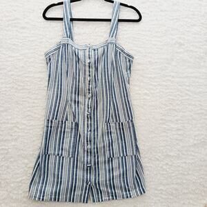 Cami Tunic Top Navy Stripe Linen Feel Casual Vacation Resort Covered Button Sz L